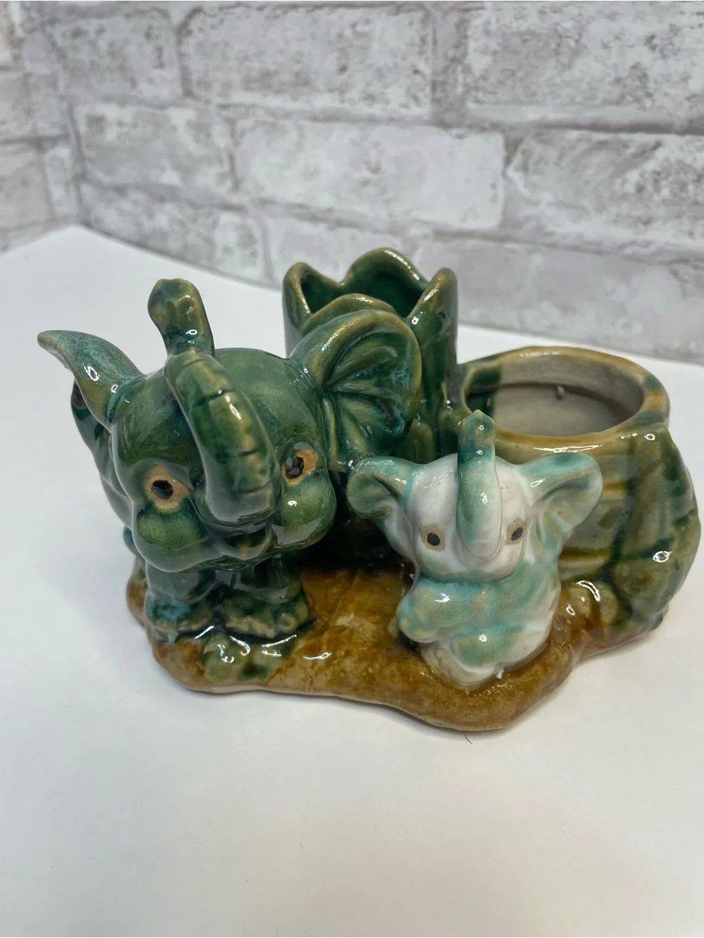 Vintage Majolica Lucky Elephant Double Planter Trunks Up Ceramic Rare HTF 6”